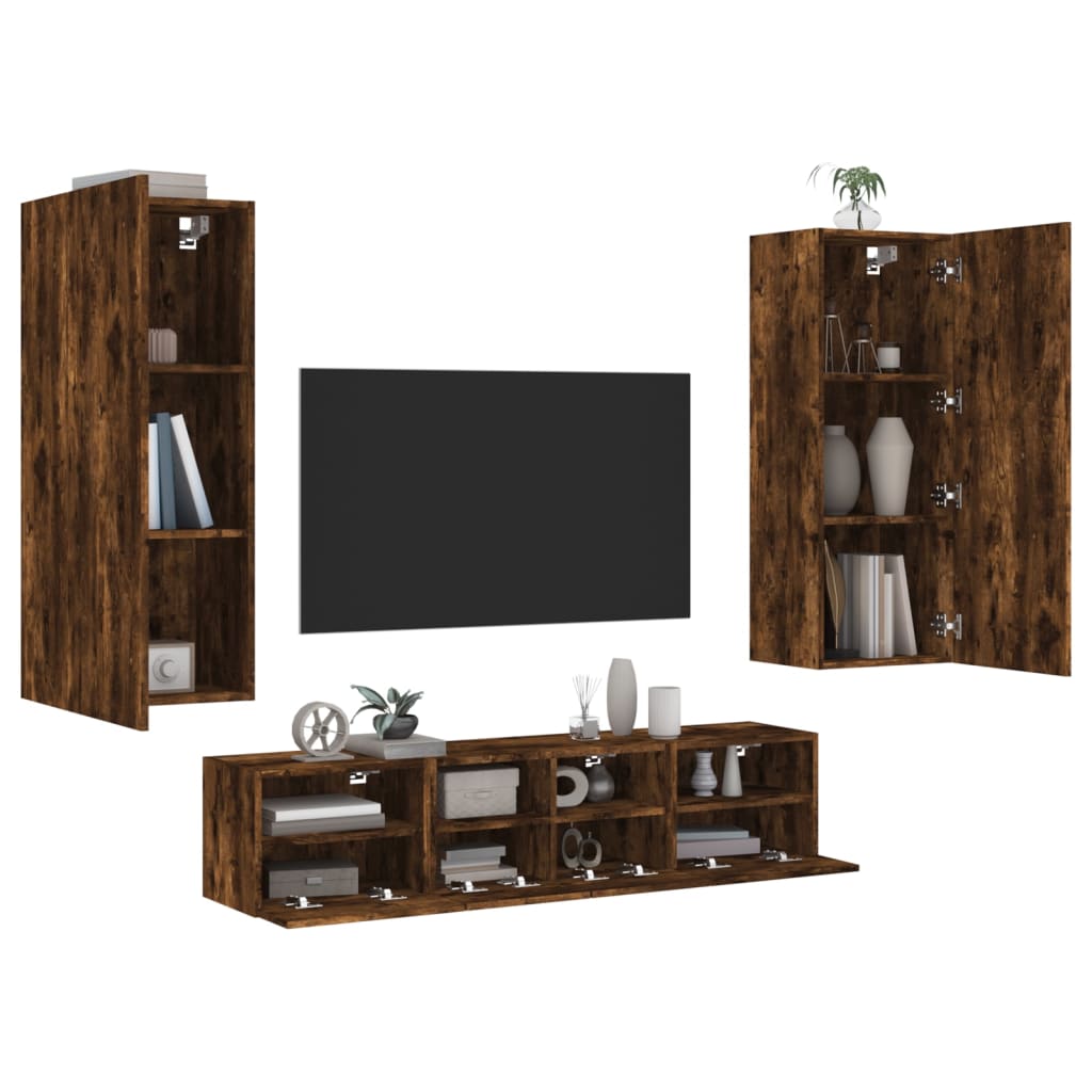 Mobili TV a Muro 5pz Rovere Fumo in Legno Multistrato - homemem39