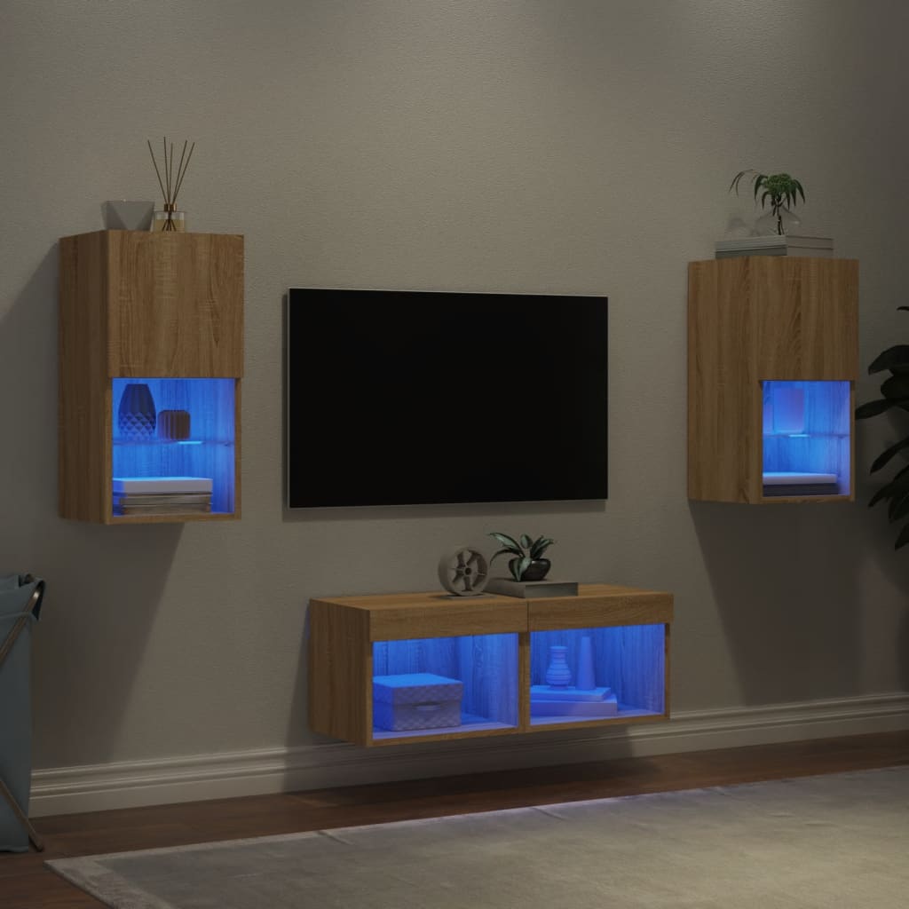 Mobili TV a Muro 4pz con Luci LED Rovere Sonoma - homemem39