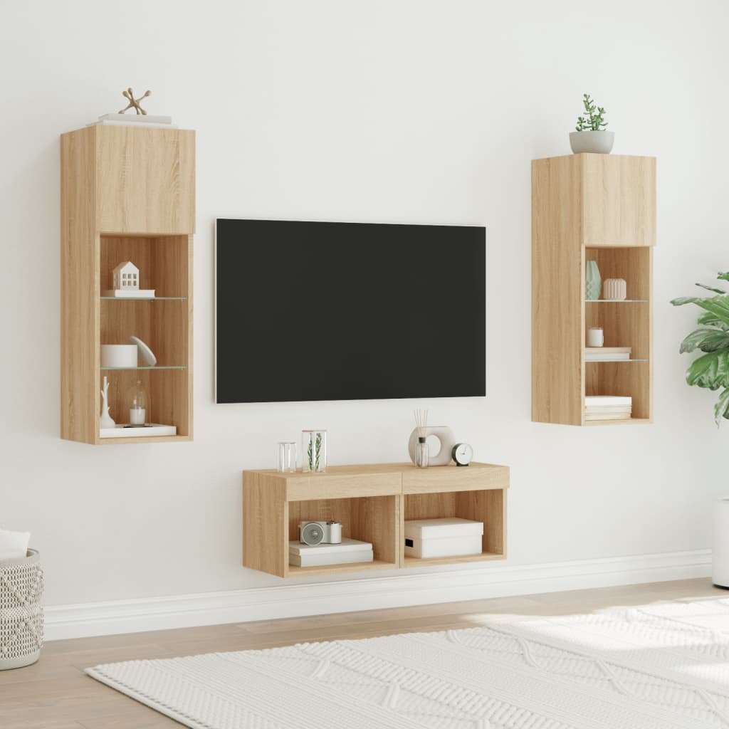 Mobili TV a Muro 4pz con Luci LED Rovere Sonoma - homemem39