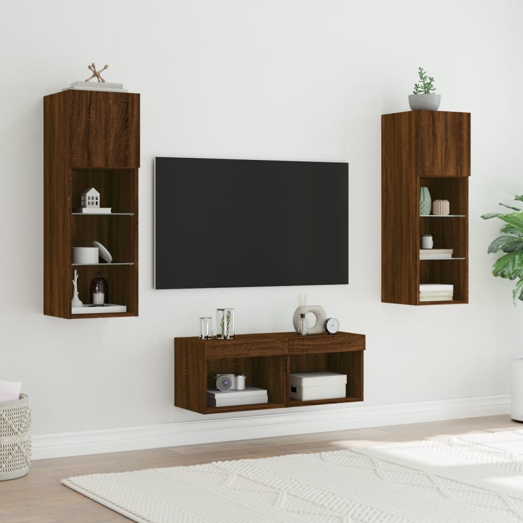 Mobili TV a Muro 4pz con Luci LED Rovere Marrone - homemem39