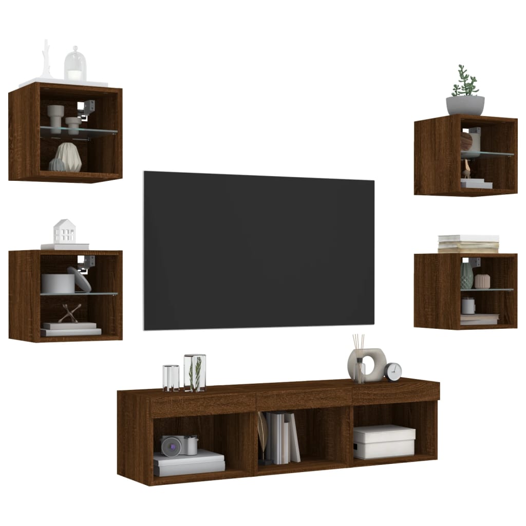 Mobili TV a Muro con LED 7pz Rovere Marrone Legno Multistrato - homemem39