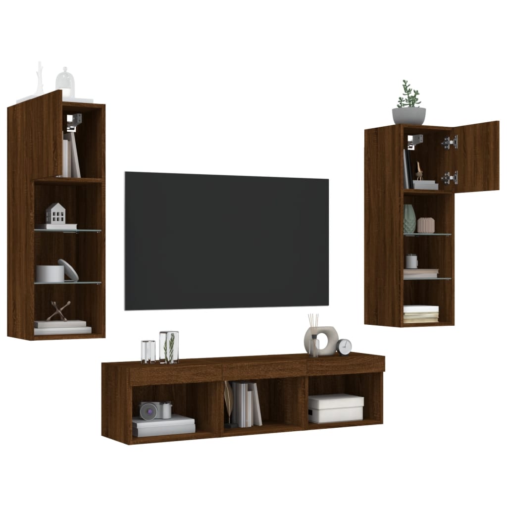 Mobili TV a Muro con LED 5pz Rovere Marrone Legno Multistrato - homemem39