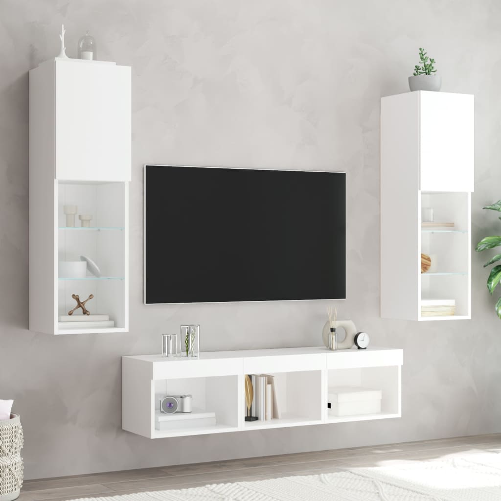 Mobili TV a Muro con LED 5pz Bianchi in Legno Multistrato - homemem39