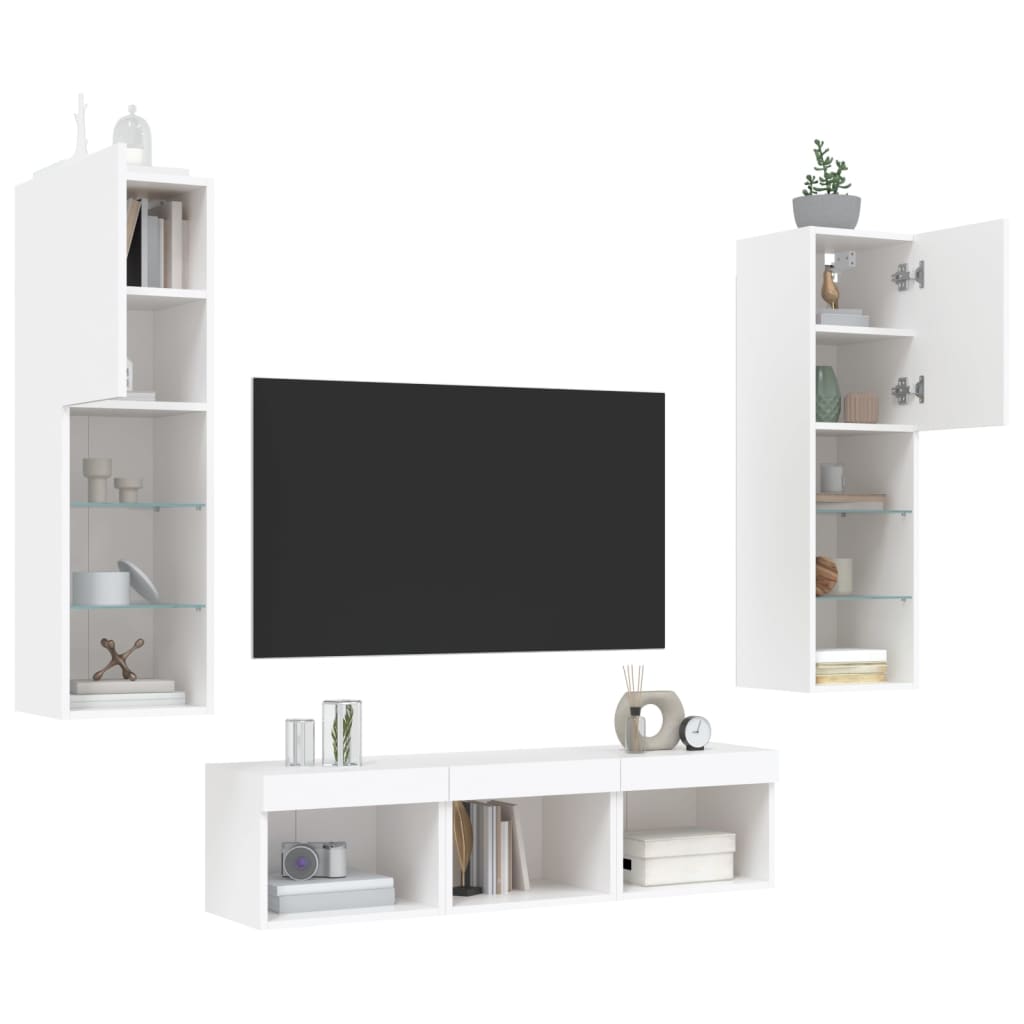 Mobili TV a Muro con LED 5pz Bianchi in Legno Multistrato - homemem39