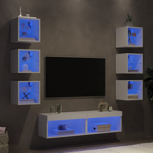 Mobili TV a Muro con LED 8pz Bianchi in Legno Multistrato - homemem39