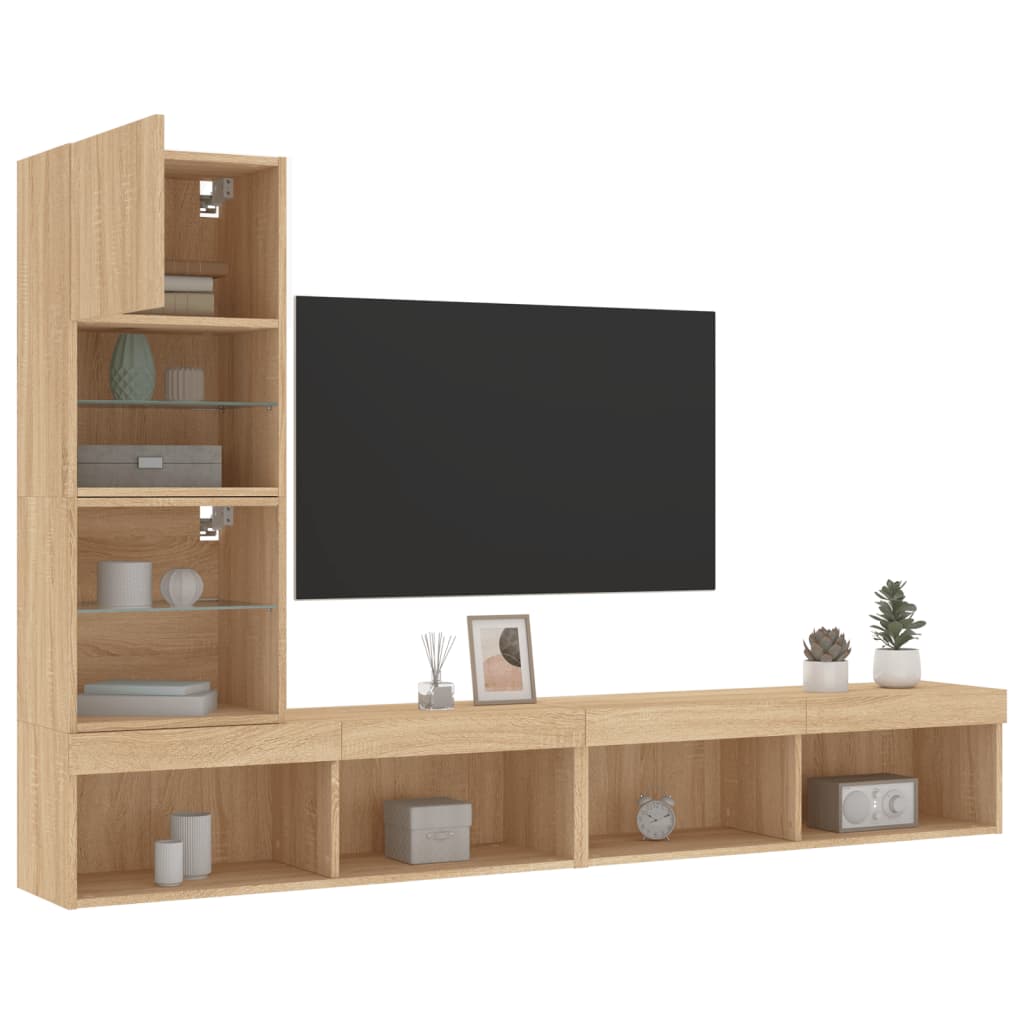 Mobili TV a Muro con LED 4pz Rovere Sonoma Legno Multistrato - homemem39