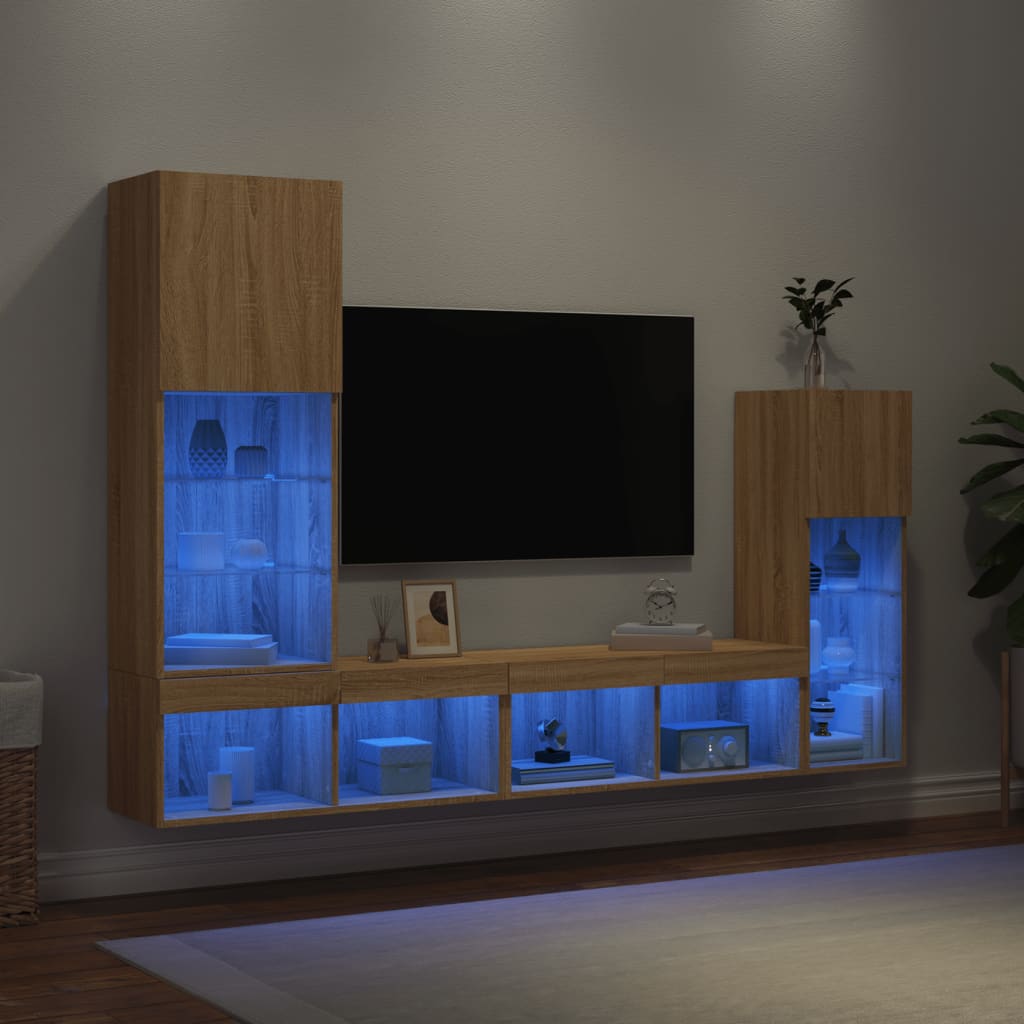 Mobili TV a Muro con LED 4pz Rovere Sonoma Legno Multistrato - homemem39