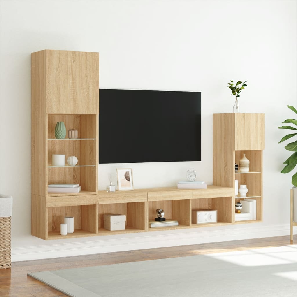 Mobili TV a Muro con LED 4pz Rovere Sonoma Legno Multistrato - homemem39