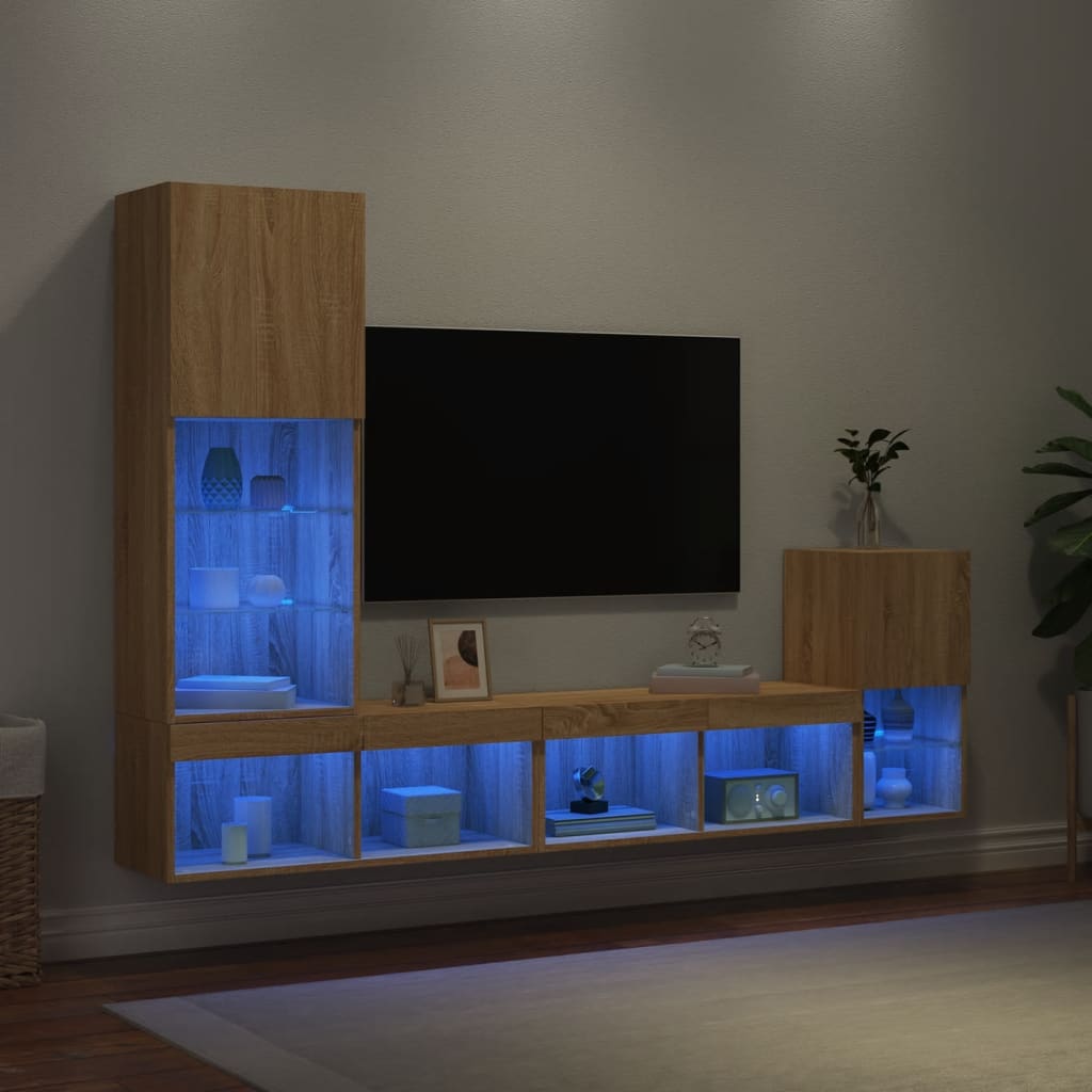 Mobili TV a Muro con LED 4pz Rovere Sonoma Legno Multistrato - homemem39
