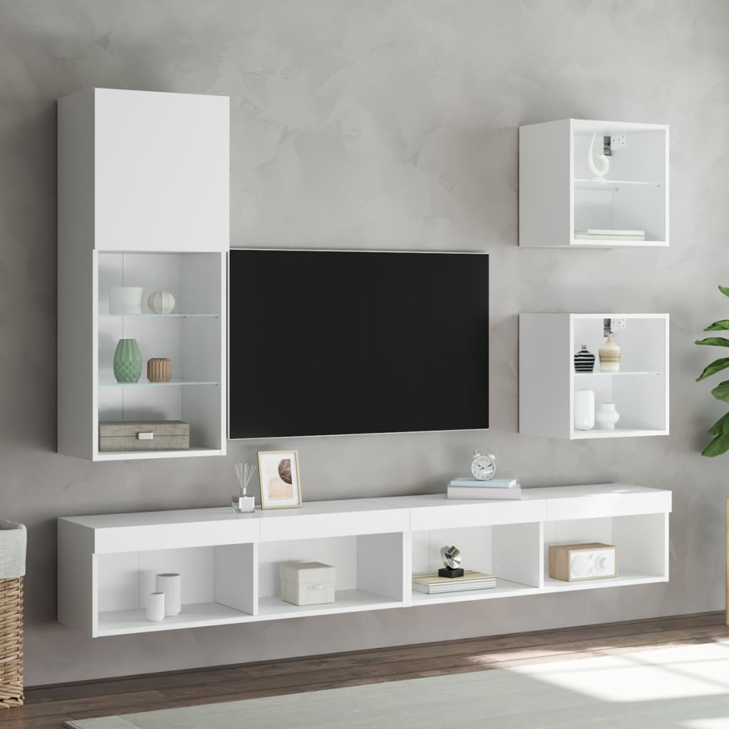 Mobili TV a Muro con LED 5pz Bianchi in Legno Multistrato - homemem39