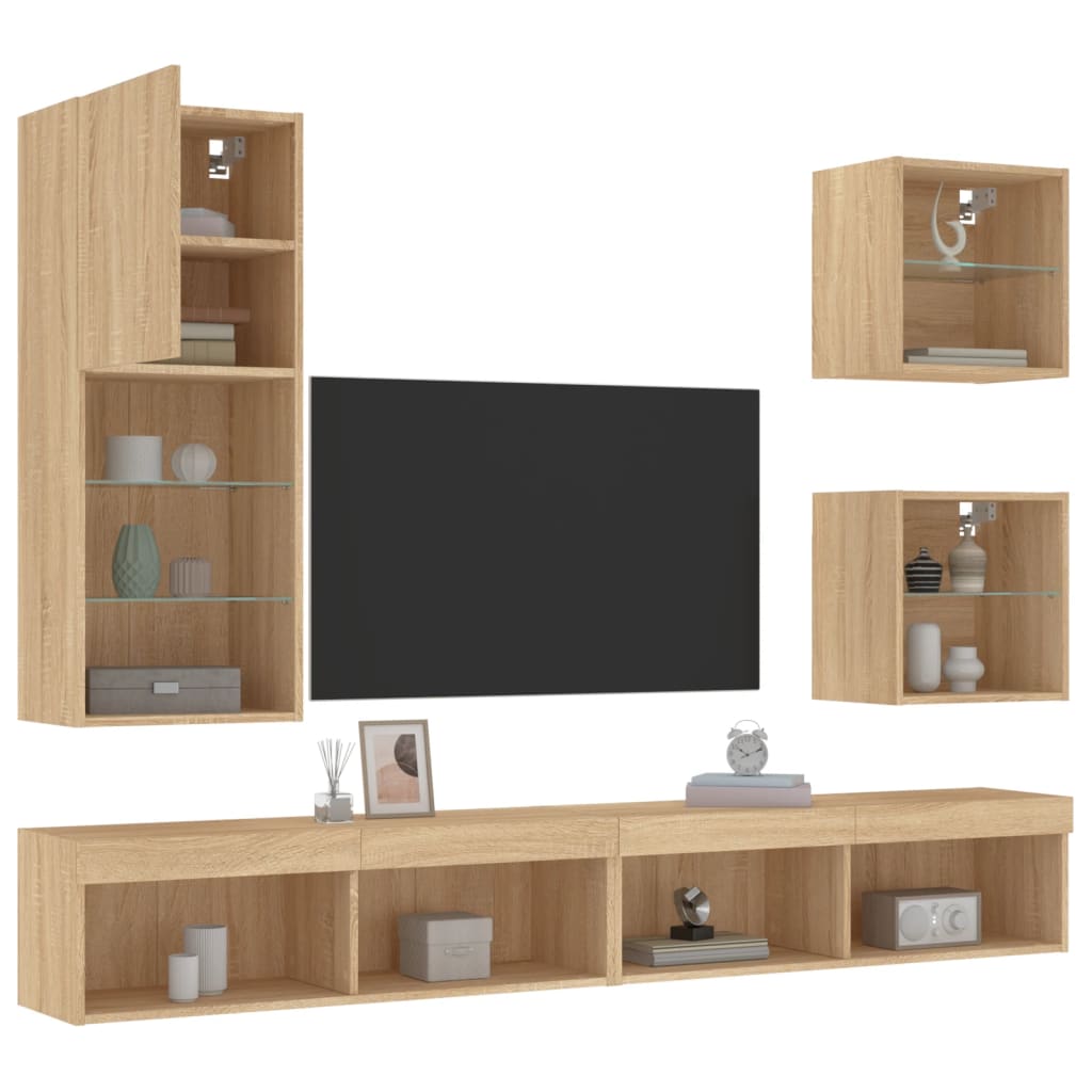 Mobili TV a Muro con LED 5pz Rovere Sonoma Legno Multistrato - homemem39