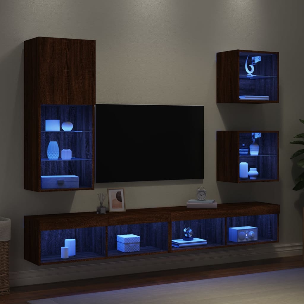 Mobili TV a Muro con LED 5pz Rovere Marrone Legno Multistrato - homemem39