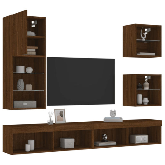 Mobili TV a Muro con LED 5pz Rovere Marrone Legno Multistrato - homemem39