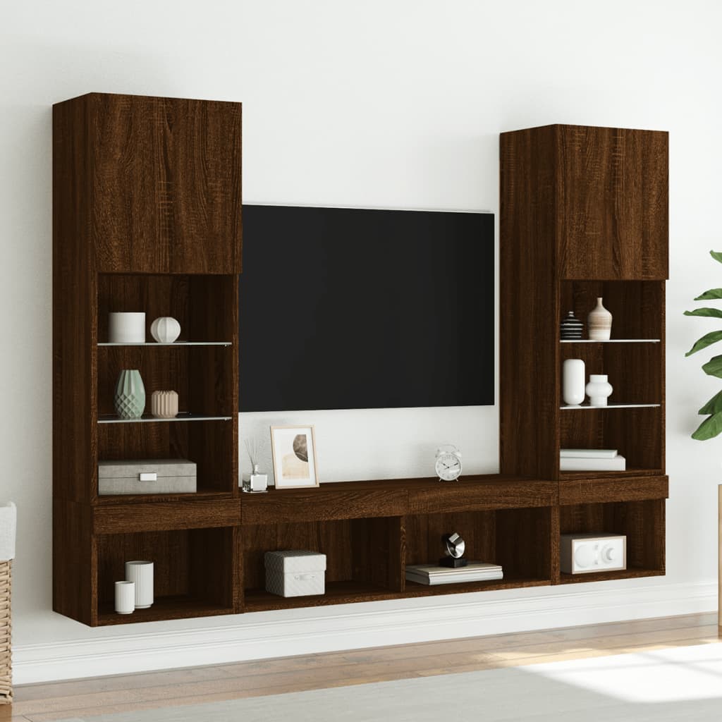 Mobili TV a Muro con LED 5pz Rovere Marrone Legno Multistrato - homemem39