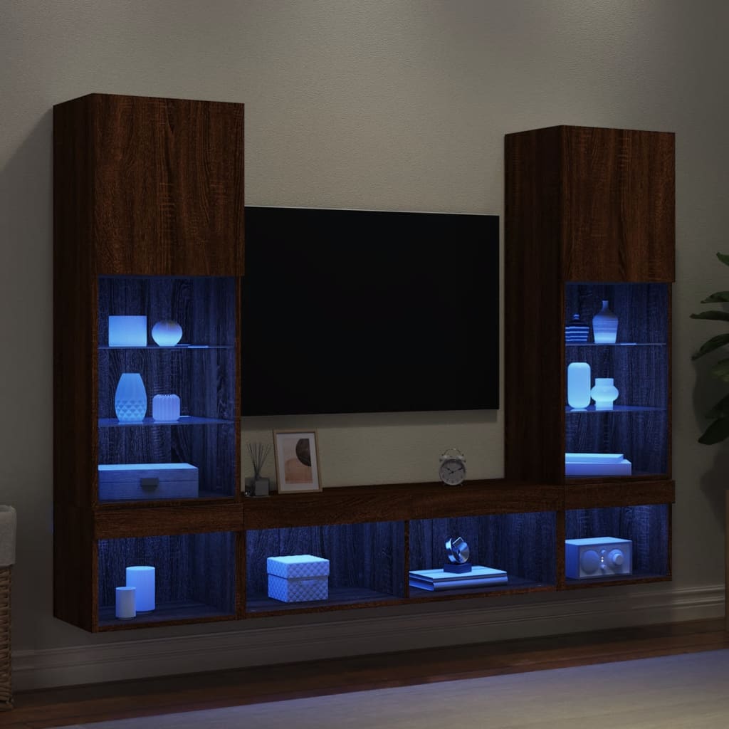 Mobili TV a Muro con LED 5pz Rovere Marrone Legno Multistrato - homemem39