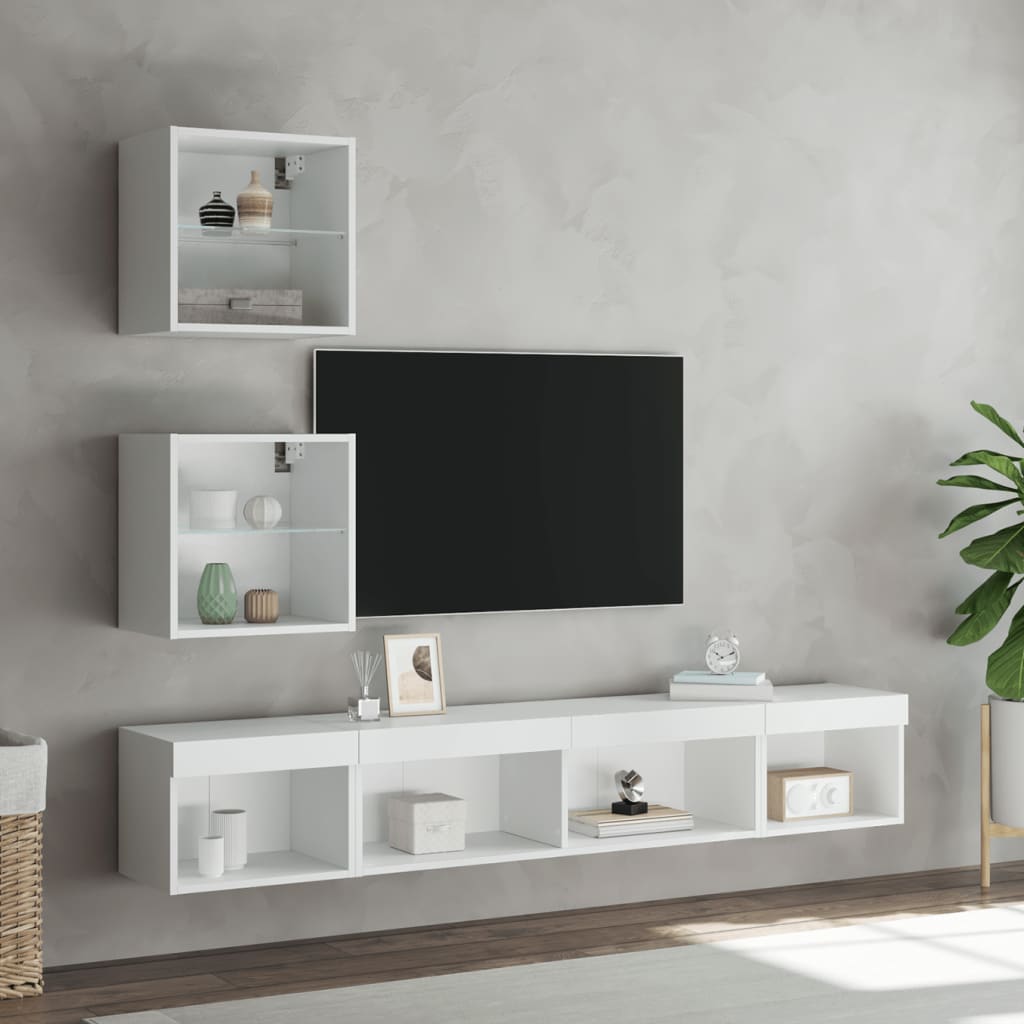 Mobili TV a Muro con LED 5pz Bianchi in Legno Multistrato - homemem39