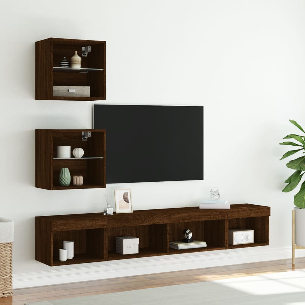 Mobili TV a Muro con LED 5pz Rovere Marrone Legno Multistrato - homemem39