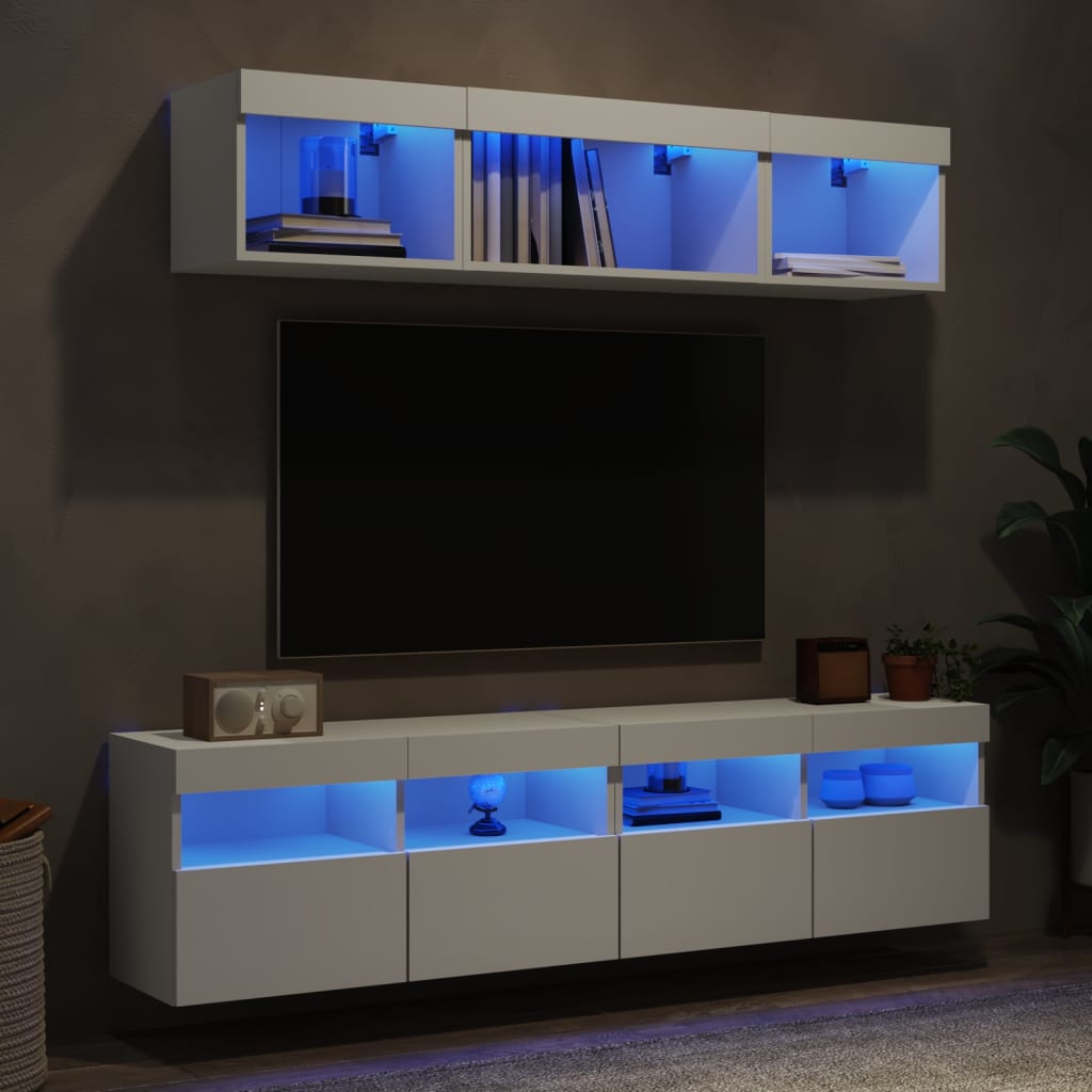 Mobili TV a Muro con LED 5pz Bianchi in Legno Multistrato - homemem39