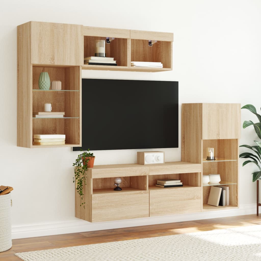 Mobili TV a Muro con LED 5pz Rovere Sonoma Legno Multistrato - homemem39