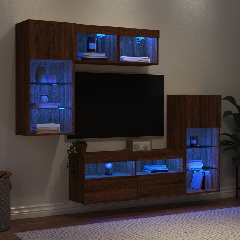 Mobili TV a Muro con LED 5pz Rovere Marrone Legno Multistrato - homemem39