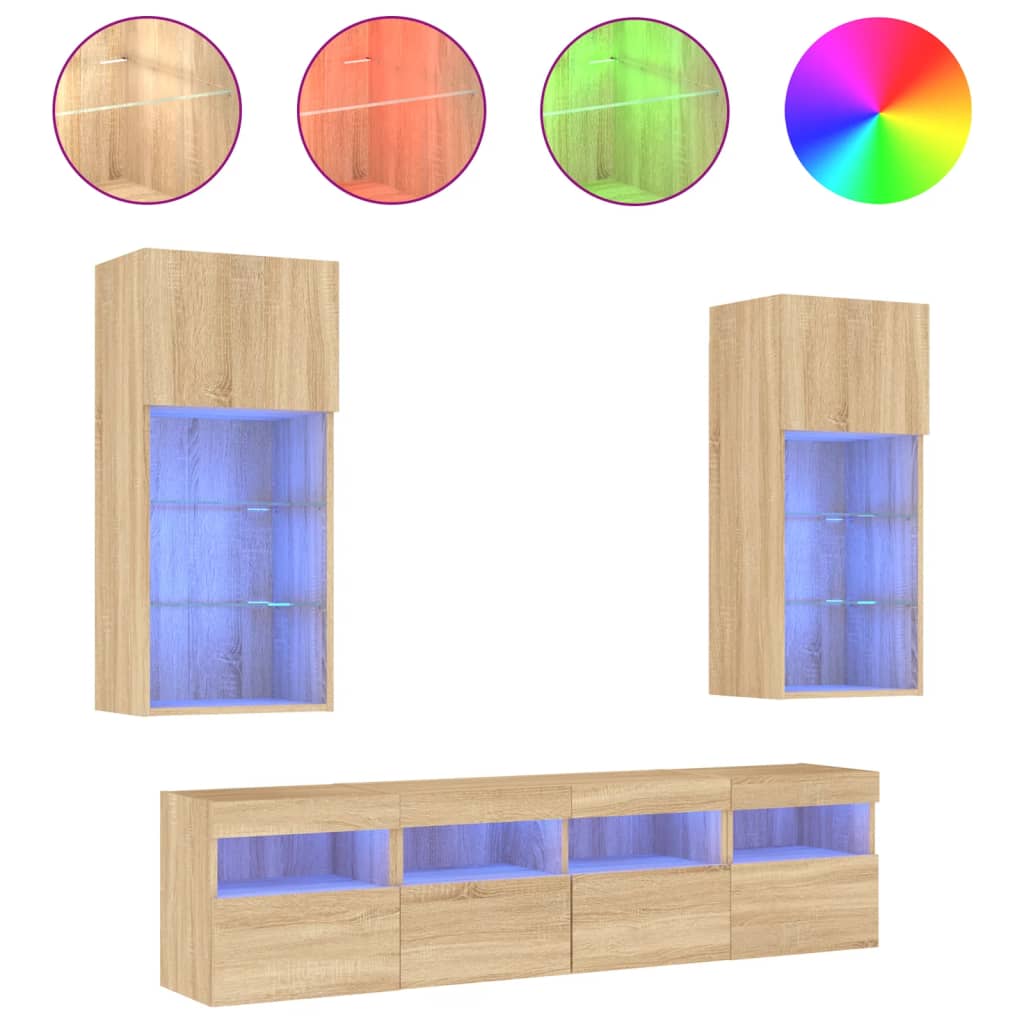 Mobili TV a Muro con LED 5pz Rovere Sonoma Legno Multistrato - homemem39