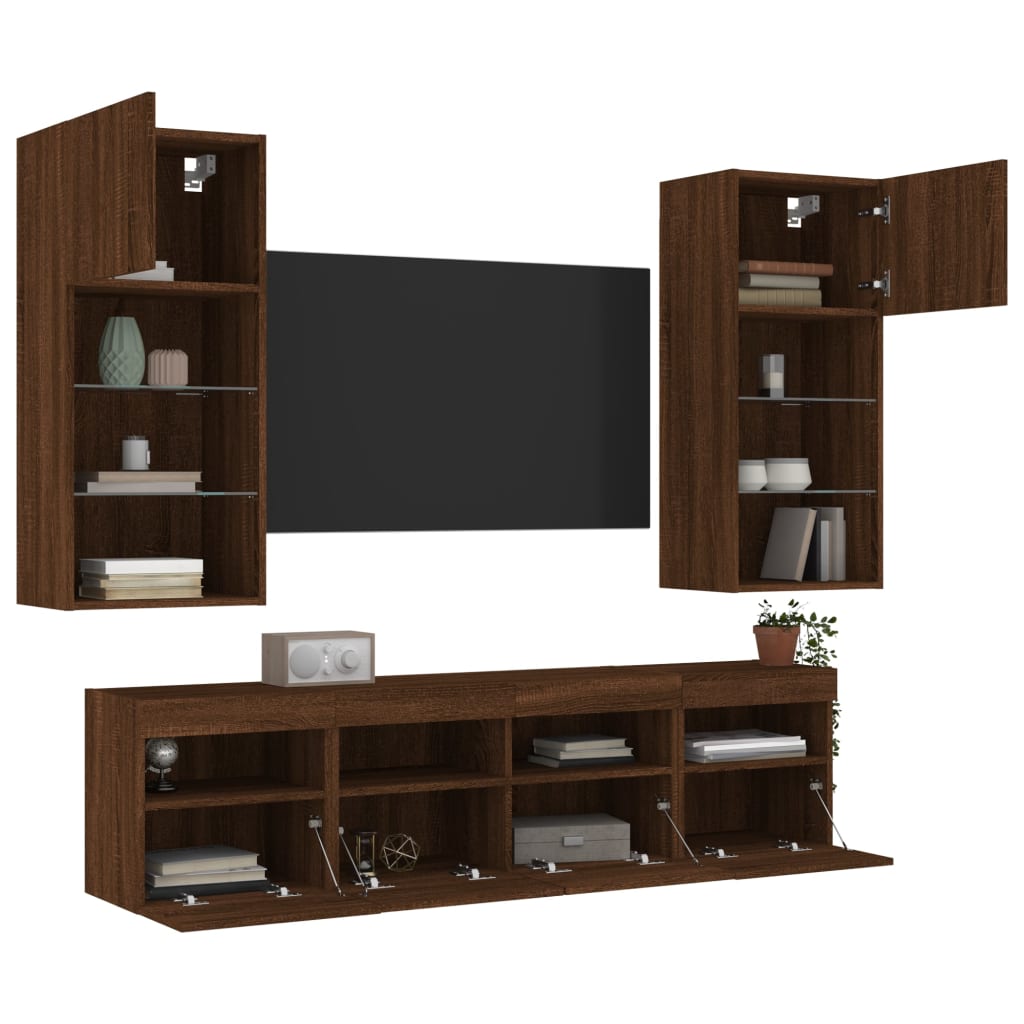 Mobili TV a Muro con LED 5pz Rovere Marrone Legno Multistrato - homemem39