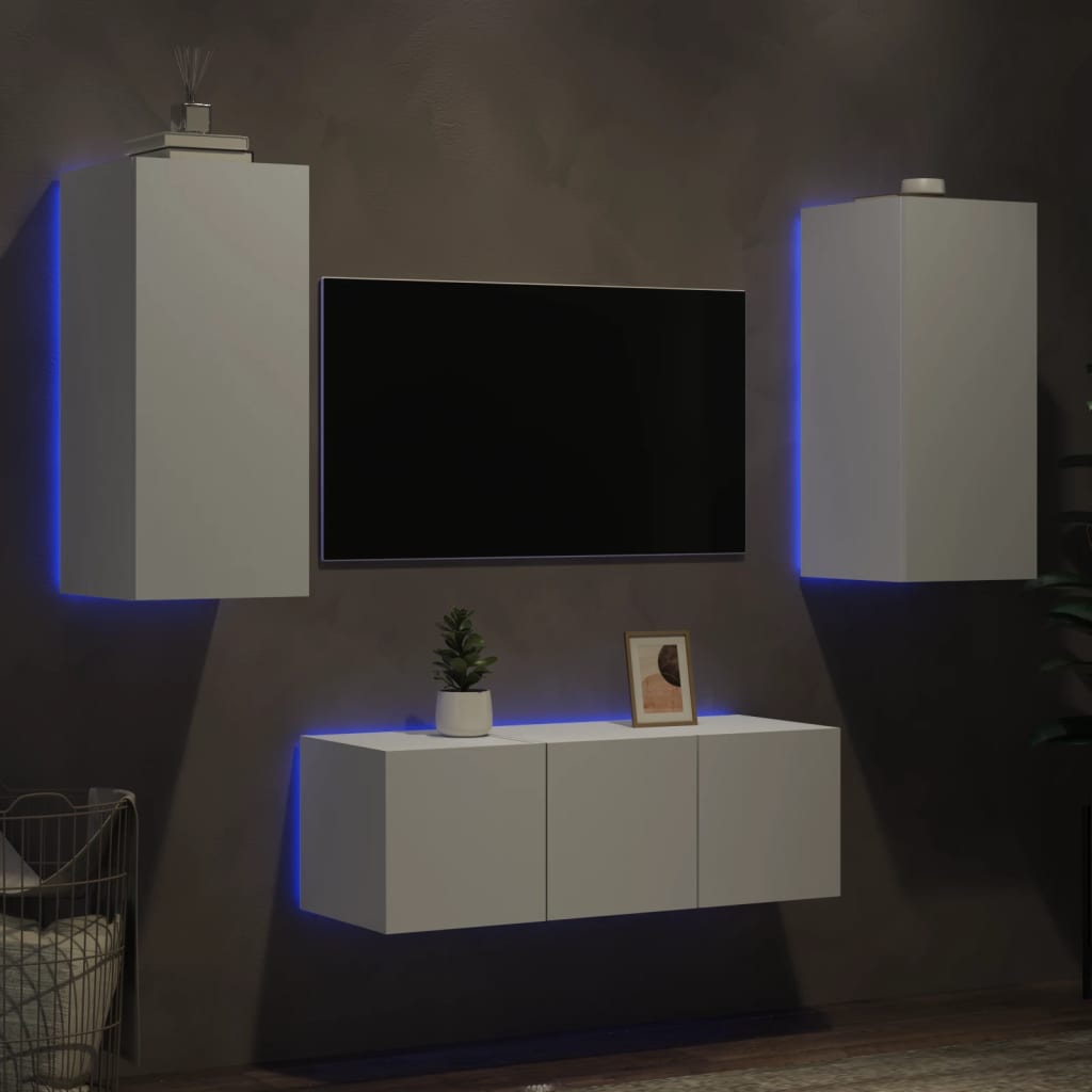 Mobili TV a Muro con LED 4pz Bianchi in Legno Multistrato - homemem39