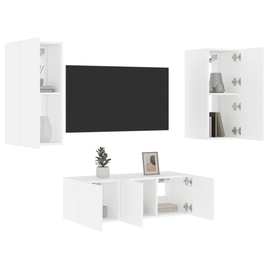 Mobili TV a Muro con LED 4pz Bianchi in Legno Multistrato - homemem39