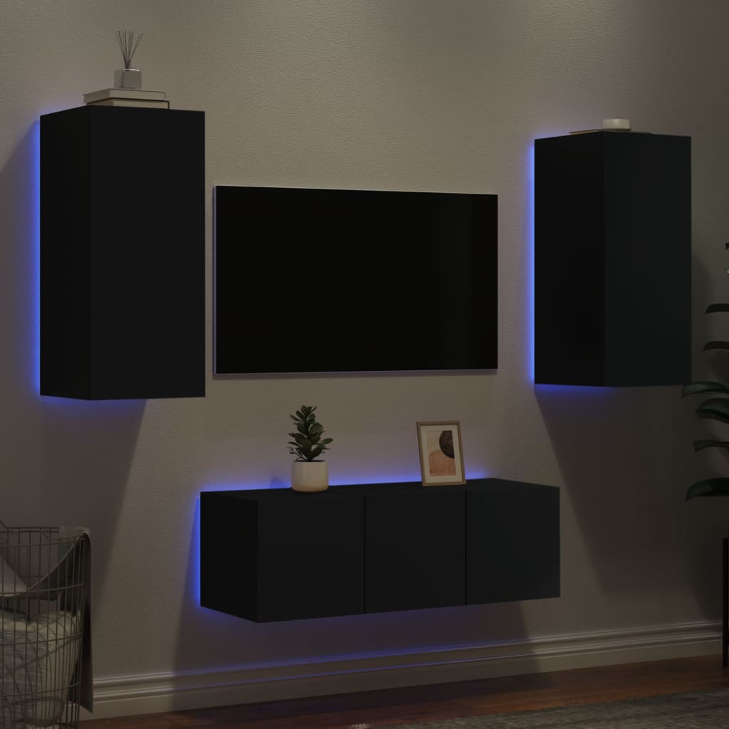 Mobili TV a Muro con LED 4pz Neri in Legno Multistrato - homemem39