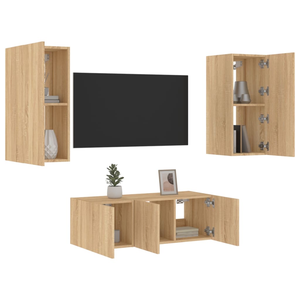 Mobili TV a Muro con LED 4pz Rovere Sonoma Legno Multistrato - homemem39