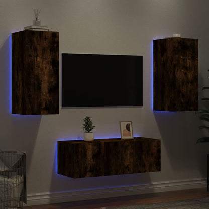 Mobili TV a Muro con LED 4pz Rovere Fumo in Legno Multistrato - homemem39