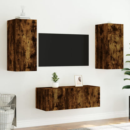 Mobili TV a Muro con LED 4pz Rovere Fumo in Legno Multistrato - homemem39