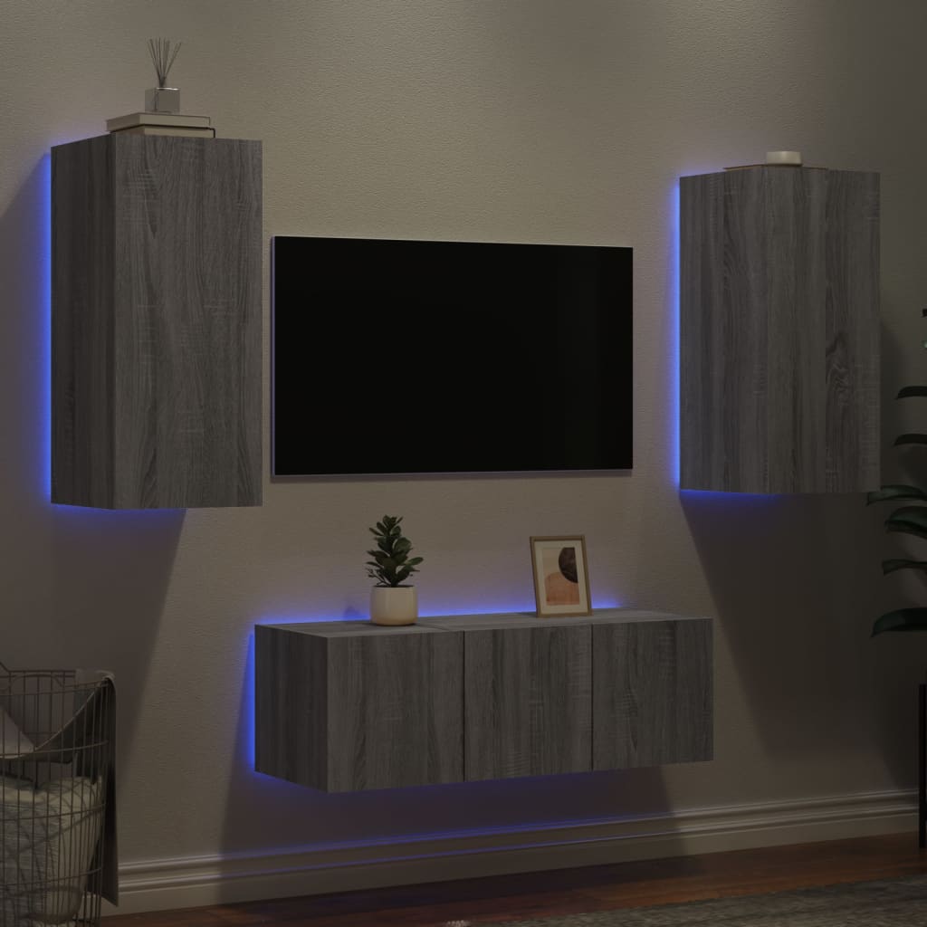 Mobili TV a Muro con LED 4pz Grigio Sonoma in Legno Multistrato - homemem39