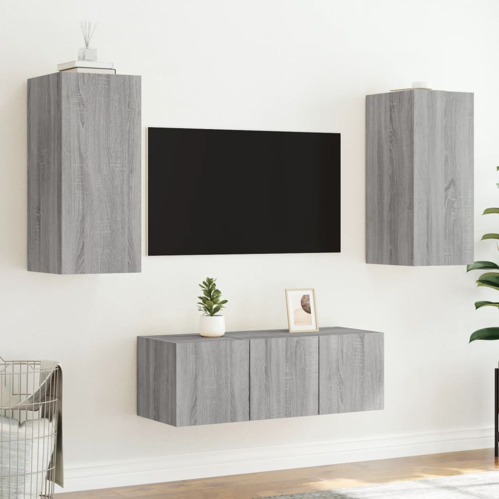 Mobili TV a Muro con LED 4pz Grigio Sonoma in Legno Multistrato - homemem39