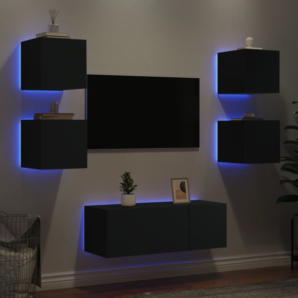 Mobili TV a Muro con LED 6pz Neri in Legno Multistrato - homemem39