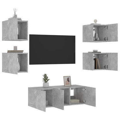 Mobili TV a Muro con LED 6pz Grigio Cemento Legno Multistrato - homemem39