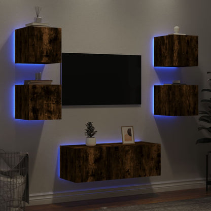 Mobili TV a Muro con LED 6pz Rovere Fumo in Legno Multistrato - homemem39