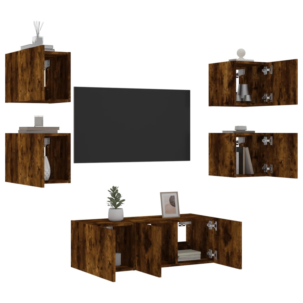 Mobili TV a Muro con LED 6pz Rovere Fumo in Legno Multistrato - homemem39