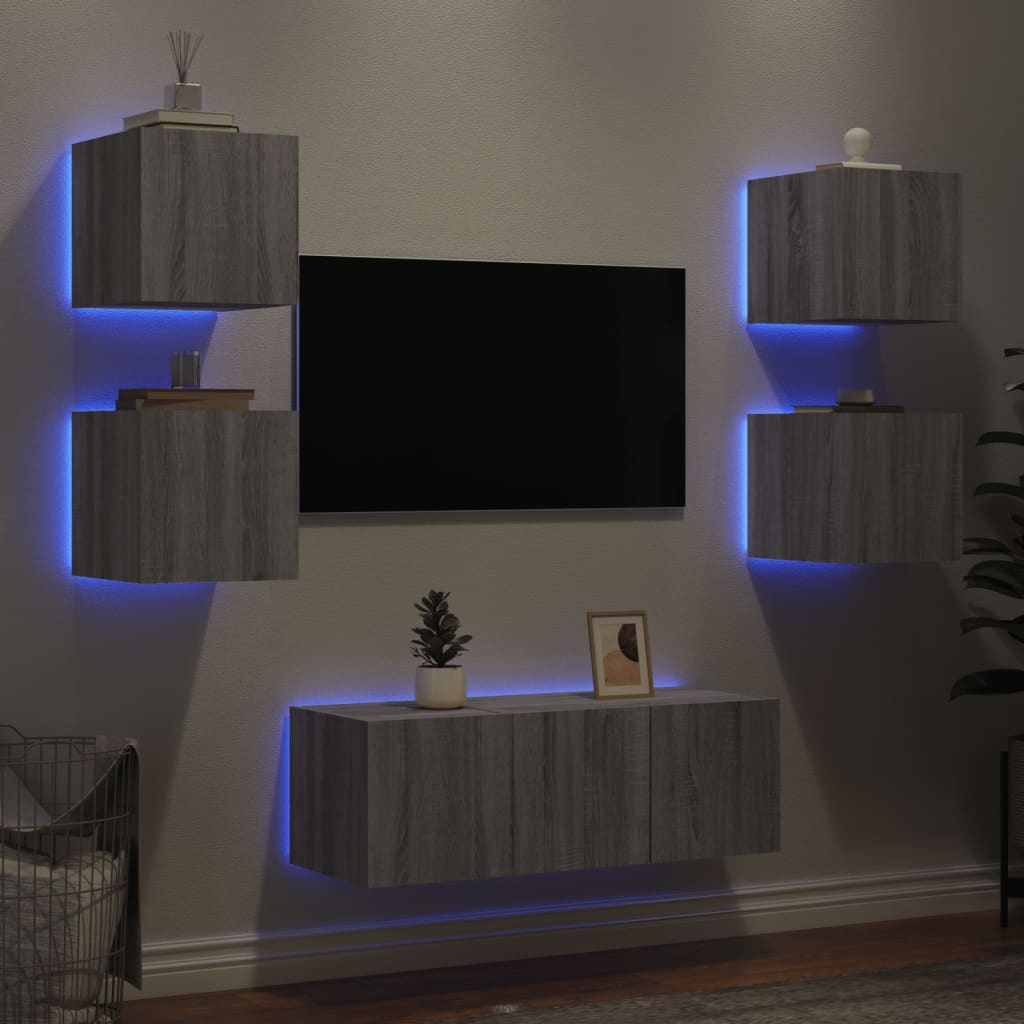 Mobili TV a Muro con LED 6pz Grigio Sonoma Legno Multistrato - homemem39