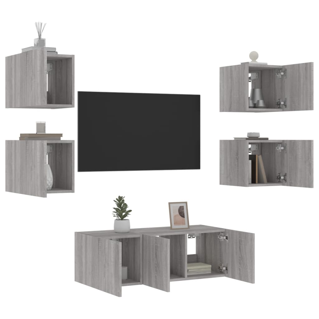 Mobili TV a Muro con LED 6pz Grigio Sonoma Legno Multistrato - homemem39