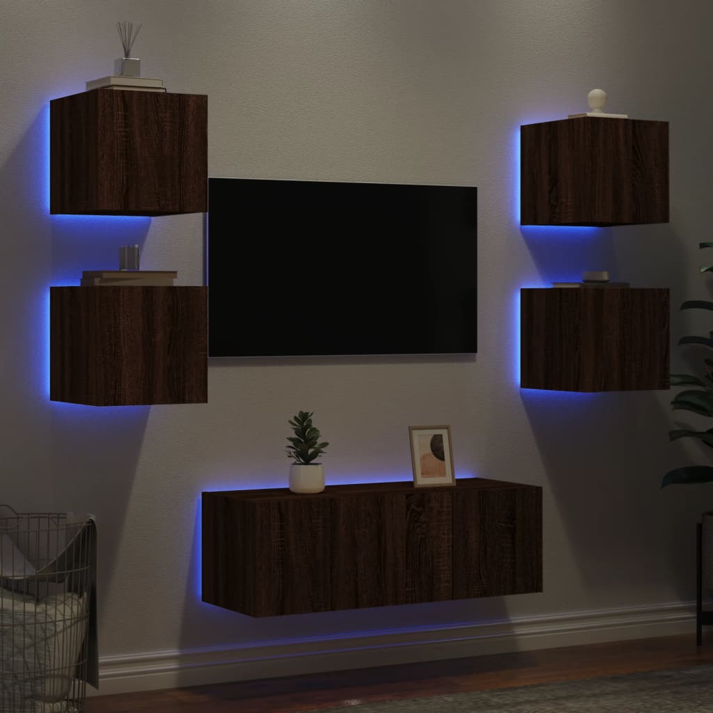 Mobili TV a Muro con LED 6pz Rovere Marrone Legno Multistrato - homemem39