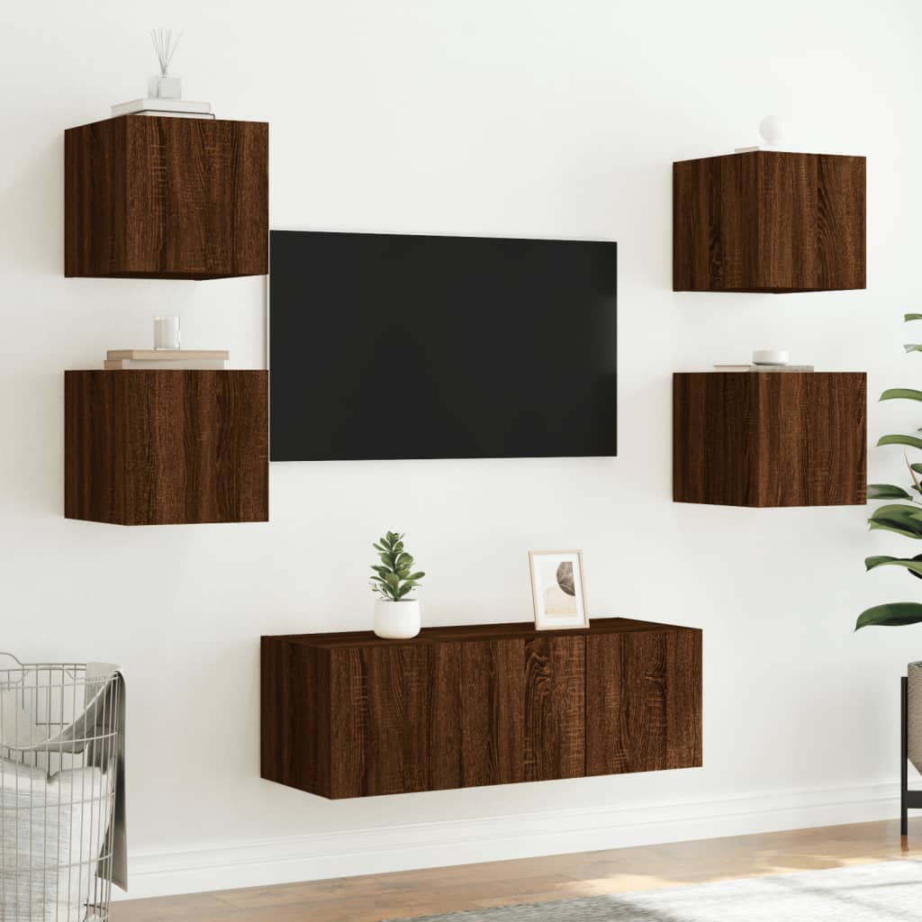 Mobili TV a Muro con LED 6pz Rovere Marrone Legno Multistrato - homemem39