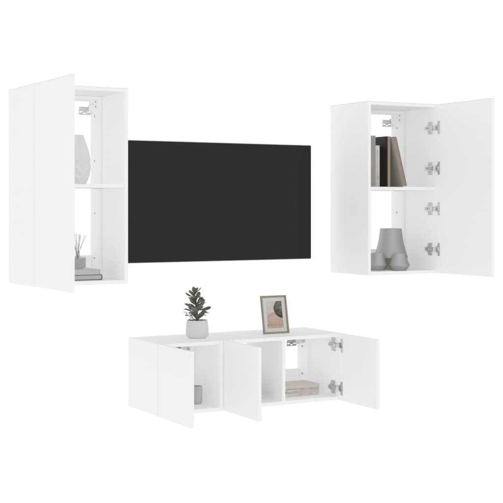 Mobili TV a Muro con LED 4pz Bianchi in Legno Multistrato - homemem39