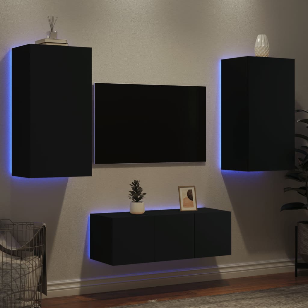 Mobili TV a Muro con LED 4pz Neri in Legno Multistrato - homemem39