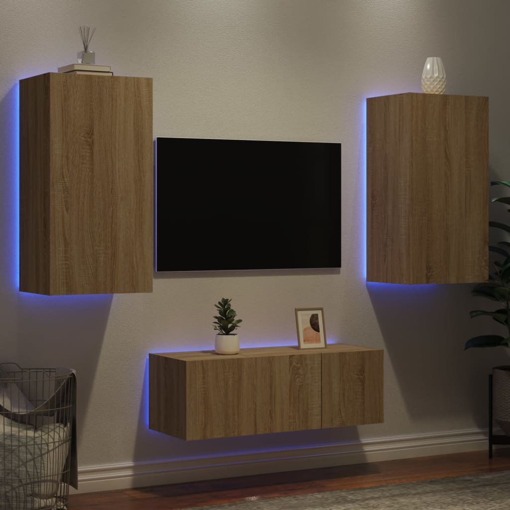 Mobili TV a Muro con LED 4pz Rovere Sonoma Legno Multistrato - homemem39