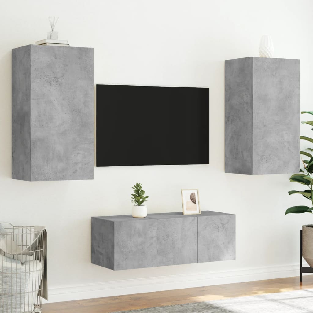 Mobili TV a Muro con LED 4pz Grigio Cemento Legno Multistrato - homemem39