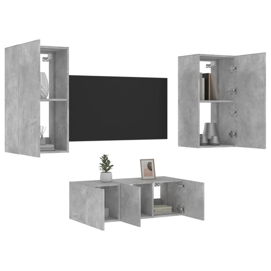 Mobili TV a Muro con LED 4pz Grigio Cemento Legno Multistrato - homemem39