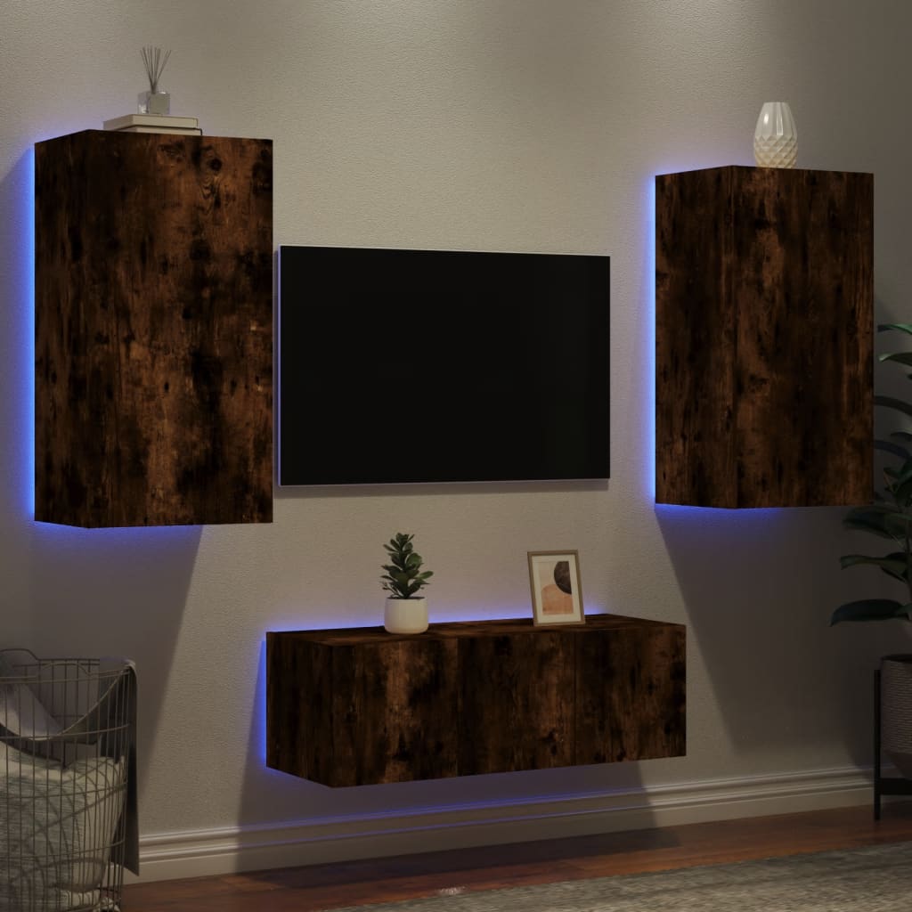 Mobili TV a Muro con LED 4pz Rovere Fumo in Legno Multistrato - homemem39