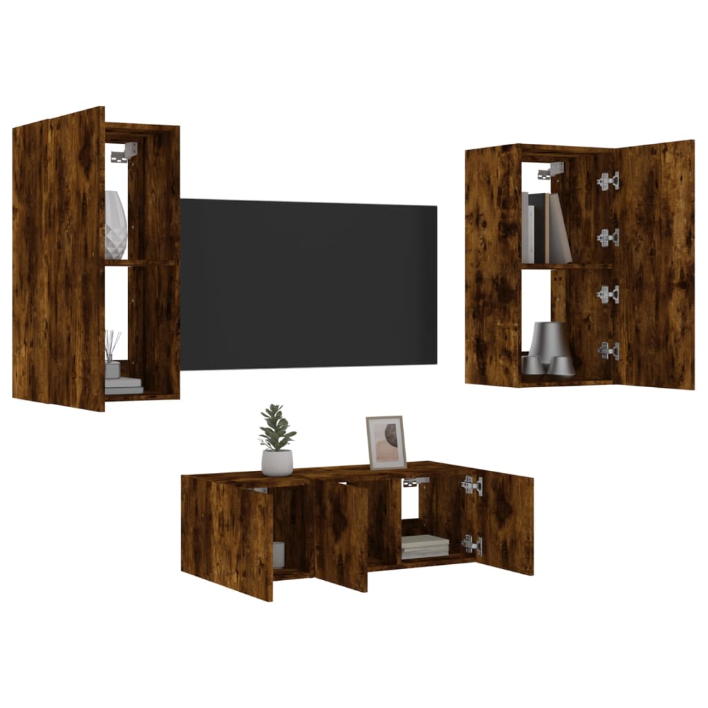 Mobili TV a Muro con LED 4pz Rovere Fumo in Legno Multistrato - homemem39