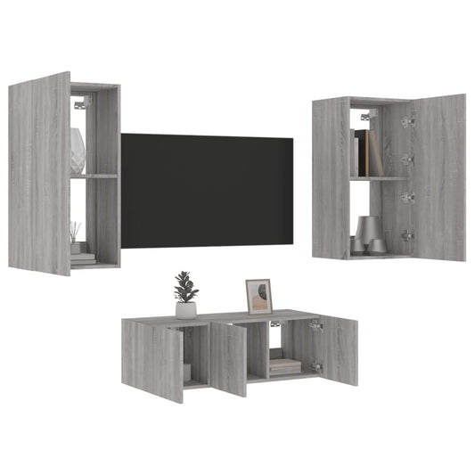 Mobili TV a Muro con LED 4pz Grigio Sonoma in Legno Multistrato - homemem39